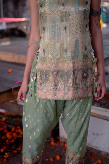 Shop_Soniya G_Green Silk Round Neck, Yes Straight Woven Kurta And Pant Set _Online_at_Aza_Fashions