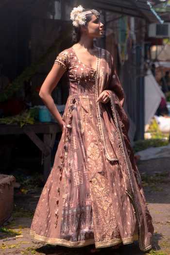 Soniya G Banarasi Silk Zari Embellished Anarkali & Dupatta Set 