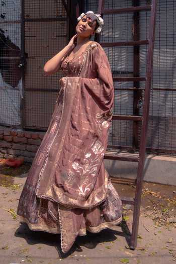 Buy_Soniya G_Brown Silk Scoop Neck Banarasi Zari Embellished Anarkali And Dupatta Set _Online_at_Aza_Fashions