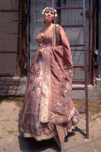 Soniya G_Brown Silk Scoop Neck Banarasi Zari Embellished Anarkali And Dupatta Set _at_Aza_Fashions