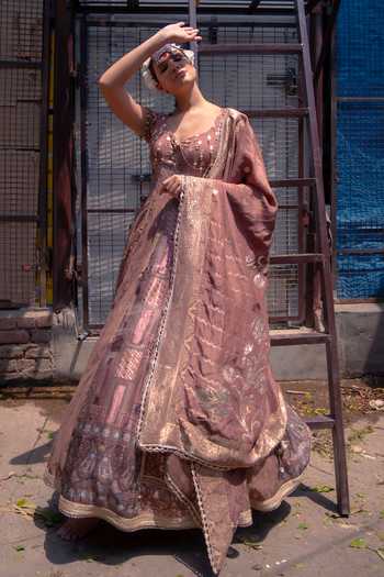 Buy_Soniya G_Brown Silk Scoop Neck Banarasi Zari Embellished Anarkali And Dupatta Set 