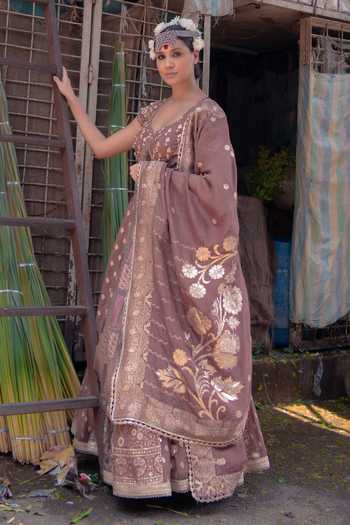 Shop_Soniya G_Brown Silk Scoop Neck Banarasi Zari Embellished Anarkali And Dupatta Set 