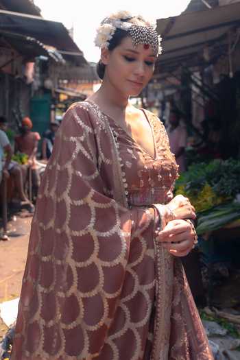 Soniya G_Brown Silk V-neck Banarsi Woven Lehenga Set _Online_at_Aza_Fashions
