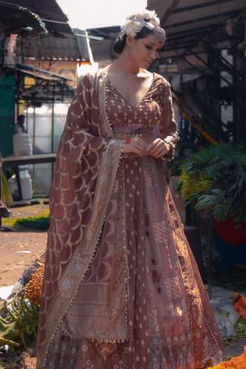 Shop_Soniya G_Brown Silk V-neck Banarsi Woven Lehenga Set _Online_at_Aza_Fashions