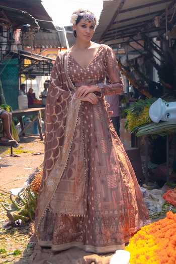 Soniya G_Brown Silk V-neck Banarsi Woven Lehenga Set _at_Aza_Fashions