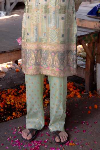 Soniya G_Green Silk Banarsi Kurta And Pant Set _Online_at_Aza_Fashions