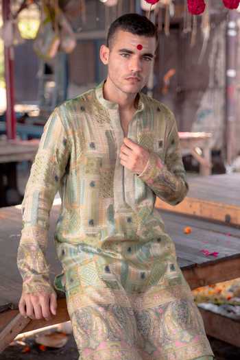 Buy_Soniya G_Green Silk Banarsi Kurta And Pant Set _Online_at_Aza_Fashions