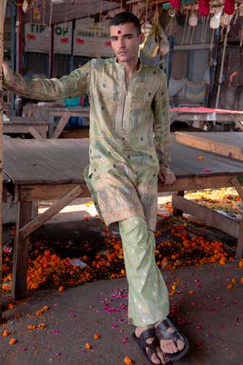 Shop_Soniya G_Green Silk Banarsi Kurta And Pant Set 
