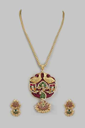 Shop Vivinia By Vidhi Mehra Gold Plated Peacock Carved Pendant Necklace Set at Aza Fashions Shop_Vivinia By Vidhi Mehra_Gold Plated Peacock Carved Pendant Necklace Set _at_Aza_Fashions