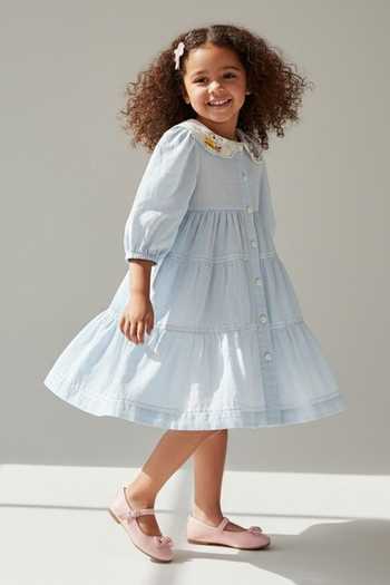Shop Pooja Wang Blue Cotton Tiered Button Front Dress Online at Aza Fashions Shop_Pooja Wang_Blue Cotton Tiered Button Front Dress _Online_at_Aza_Fashions