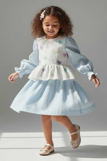 Shop Pooja Wang Sky Blue Cotton Embroidery Dress And Hand Painted Heart Overlay Online at Aza Fashions Shop_Pooja Wang_Sky Blue Cotton Embroidery Dress And Hand Painted Heart Overlay _Online_at_Aza_Fashions