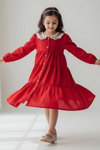 Pooja Wang Red Cotton Peter Pan Collar Dress Online at Aza Fashions Pooja Wang_Red Cotton Peter Pan Collar Dress _Online_at_Aza_Fashions
