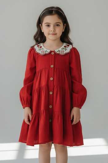 Shop Pooja Wang Red Cotton Peter Pan Collar Dress Online at Aza Fashions Shop_Pooja Wang_Red Cotton Peter Pan Collar Dress _Online_at_Aza_Fashions
