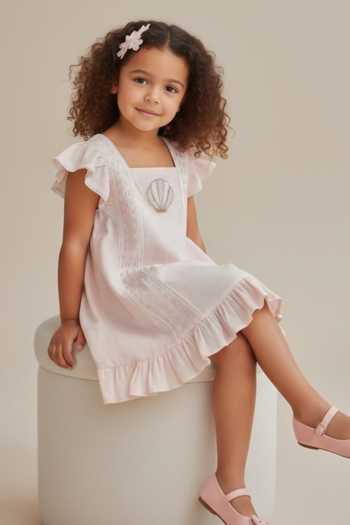Shop Pooja Wang Peach Cotton Dreamy Seashell Hand Embroidered Dress Online at Aza Fashions Shop_Pooja Wang_Peach Cotton Dreamy Seashell Hand Embroidered Dress _Online_at_Aza_Fashions