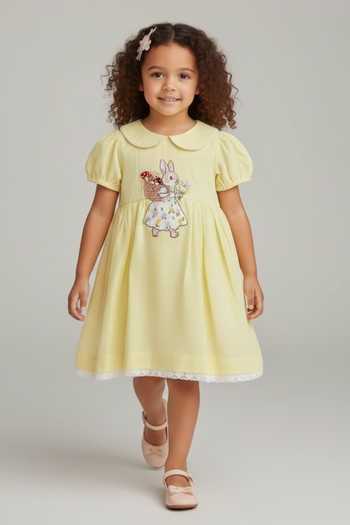 Pooja Wang Yellow Cotton Bunny Hand Embroidered Dress Online at Aza Fashions Pooja Wang_Yellow Cotton Bunny Hand Embroidered Dress _Online_at_Aza_Fashions