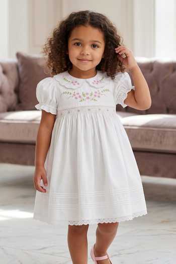 Shop_Pooja Wang_White Cotton Garden Bloom Smocked Dress _Online_at_Aza_Fashions