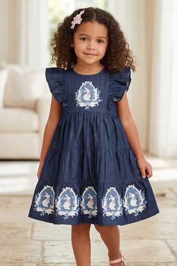 Shop Pooja Wang Blue Cotton Enchanted Bunny Embroidered Frill Dress Online at Aza Fashions Shop_Pooja Wang_Blue Cotton Enchanted Bunny Embroidered Frill Dress _Online_at_Aza_Fashions