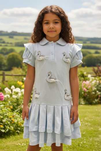 Pooja Wang Blue Cotton, Knit Pearl Swan Polo Dress Online at Aza Fashions Pooja Wang_Blue Cotton, Knit Pearl Swan Polo Dress _Online_at_Aza_Fashions