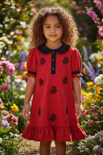 Pooja Wang Red Cotton, Knit Ladybug Patch Embroidered Polo Dress Online at Aza Fashions Pooja Wang_Red Cotton, Knit Ladybug Patch Embroidered Polo Dress _Online_at_Aza_Fashions
