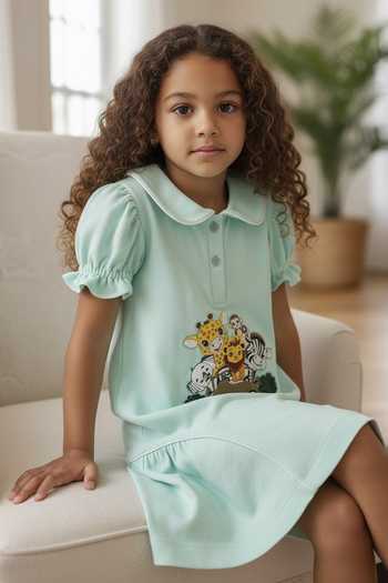 Pooja Wang_Green Cotton, Knit Little Safari Peter Pan Collar Dress _Online_at_Aza_Fashions