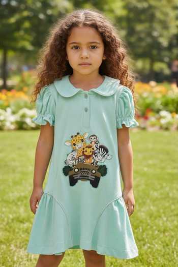 Buy_Pooja Wang_Green Cotton, Knit Little Safari Peter Pan Collar Dress _Online_at_Aza_Fashions