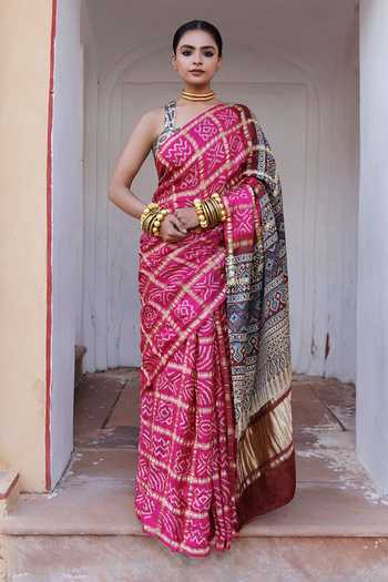 Geroo Jaipur Ajrakh Bandhani Saree Set 