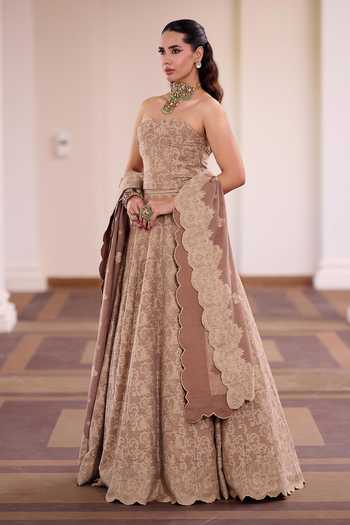 Shop_Safaa_Brown Silk Sweetheart Neck Shahi Tukda Woven Corset Lehenga Set _Online_at_Aza_Fashions