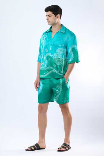 Shop_Limerick By Abirr N' Nanki_Blue Satin, Linen Cal Printed Shorts _Online_at_Aza_Fashions