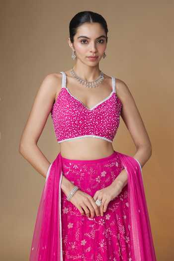 Renee label_Pink Viscose Georgette, Net Sweetheart Neck Floral Embroidered Lehenga Set _Online_at_Aza_Fashions