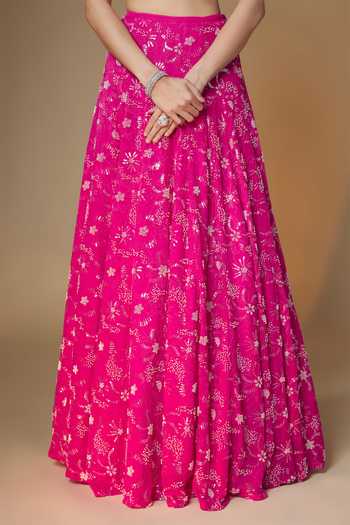 Buy_Renee label_Pink Viscose Georgette, Net Sweetheart Neck Floral Embroidered Lehenga Set _Online_at_Aza_Fashions