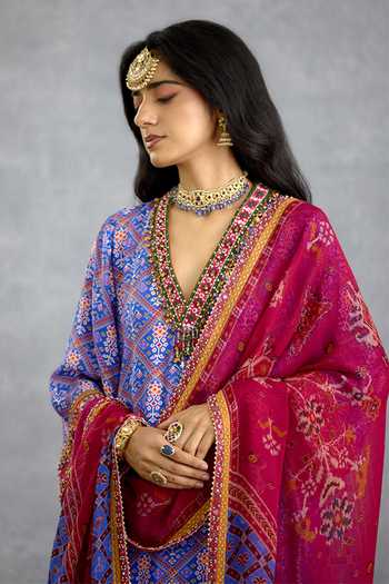 Buy Torani Blue Silk, Organza, Muslin V-neck, Yes Niladri Darsha Printed Kurta Set Online at Aza Fashions Buy_Torani_Blue Silk, Organza, Muslin V-neck, Yes Niladri Darsha Printed Kurta Set _Online_at_Aza_Fashions