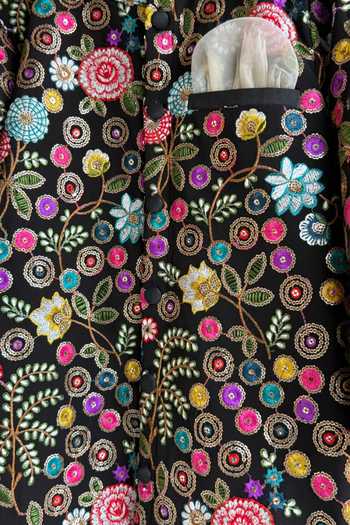 The little tales Black Silk, Cotton, Georgette Embroidery Bandhgala Set Online at Aza Fashions The little tales_Black Silk, Cotton, Georgette Embroidery Bandhgala Set _Online_at_Aza_Fashions