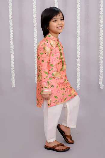 The little tales_Peach Silk, Cotton Cow Print Kurta Set _Online_at_Aza_Fashions