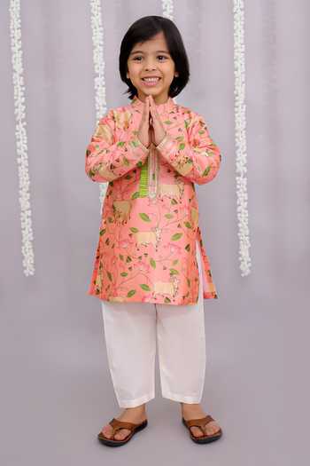 Buy_The little tales_Peach Silk, Cotton Cow Print Kurta Set _Online_at_Aza_Fashions