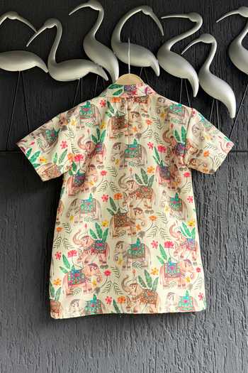 The little tales_Multi Color Silk, Cotton Elephant Print Shirt And Lungi Set _at_Aza_Fashions