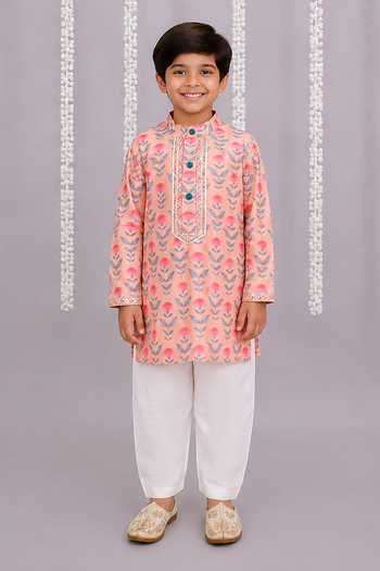 The little tales Pink Silk, Cotton Rose Print Kurta Set Online at Aza Fashions The little tales_Pink Silk, Cotton Rose Print Kurta Set _Online_at_Aza_Fashions