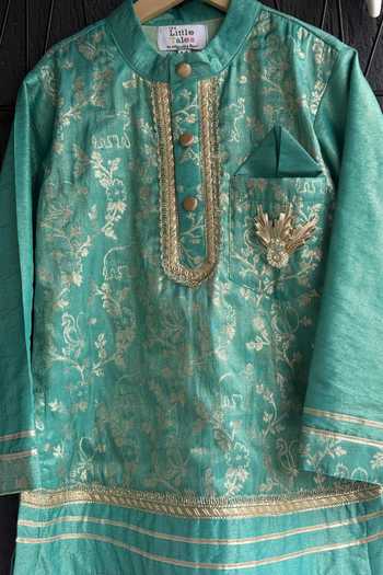 The little tales_Green Silk, Cotton Embroidered Kurta Set _Online_at_Aza_Fashions