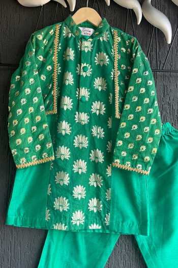 Shop The little tales Green Silk, Cotton Flower Woven Kurta Set Online at Aza Fashions Shop_The little tales_Green Silk, Cotton Flower Woven Kurta Set _Online_at_Aza_Fashions