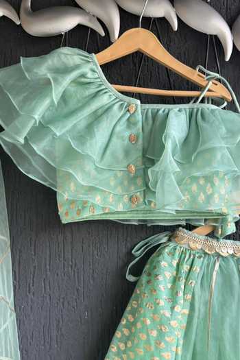 The little tales Green Silk, Cotton, Organza One Shoulder Blouse Lehenga Set Online at Aza Fashions The little tales_Green Silk, Cotton, Organza One Shoulder Blouse Lehenga Set _Online_at_Aza_Fashions
