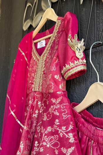 The little tales_Fuchsia Chanderi Woven Kurta Set _Online_at_Aza_Fashions