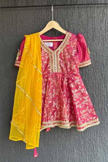 The little tales_Pink Chanderi Woven Kurta Dhoti Pant Set _Online_at_Aza_Fashions