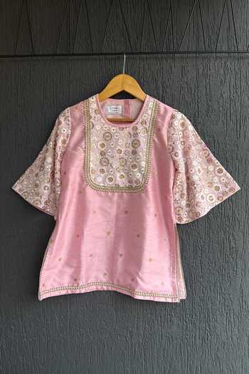 The little tales_Pink Silk Embroidered Kurta Sharara Set _Online_at_Aza_Fashions