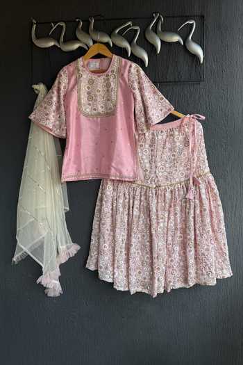 Buy_The little tales_Pink Silk Embroidered Kurta Sharara Set _Online_at_Aza_Fashions