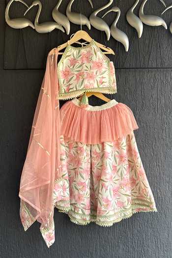Shop The little tales Off White Silk, Cotton Tulip Print Lehenga Set Online at Aza Fashions Shop_The little tales_Off White Silk, Cotton Tulip Print Lehenga Set _Online_at_Aza_Fashions