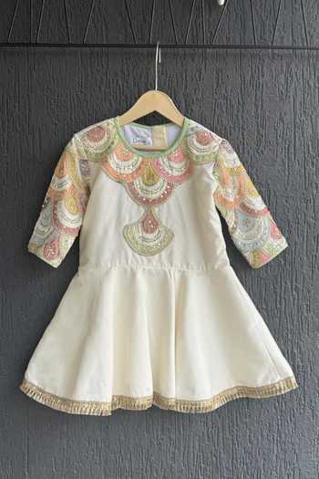 The little tales_Off White Silk, Cotton Embroidered Peplum Top And Lehenga Set _Online_at_Aza_Fashions