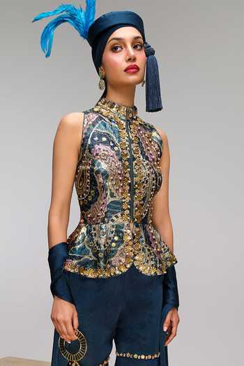 Buy_Papa Dont Preach_Blue Jacquard, Satin Mandarin Back By Pop Demand Embroidered Top Sharara Set _Online_at_Aza_Fashions