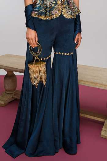 Papa Dont Preach_Blue Jacquard, Satin Mandarin Back By Pop Demand Embroidered Top Sharara Set _at_Aza_Fashions