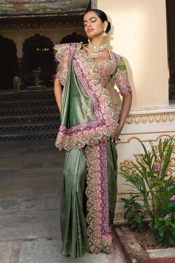 Payal & Zinal_Olive Green Silk Keyhole Madhaniya Rimzim Zari Embroidered Saree And Blouse Set _Online_at_Aza_Fashions