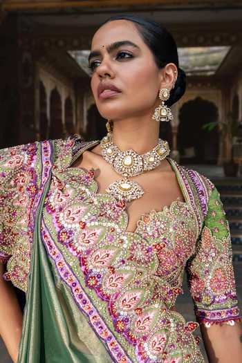 Buy_Payal & Zinal_Olive Green Silk Keyhole Madhaniya Rimzim Zari Embroidered Saree And Blouse Set _Online_at_Aza_Fashions