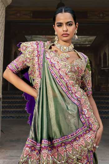 Shop_Payal & Zinal_Olive Green Silk Keyhole Madhaniya Rimzim Zari Embroidered Saree And Blouse Set _Online_at_Aza_Fashions